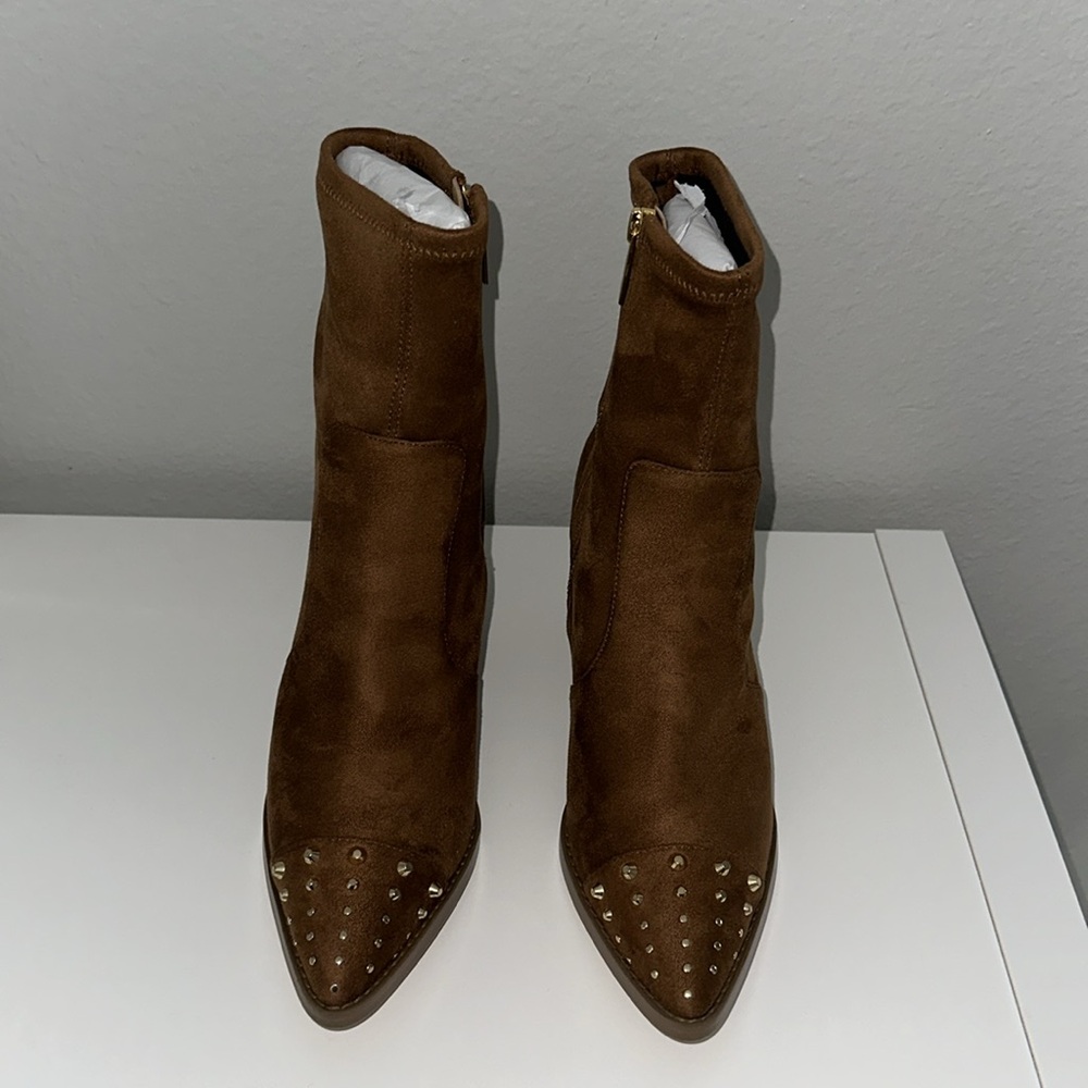 Michael Kors Dover brown stretch faux vegan suede studded booties boots 8.5 - Picture 5 of 9